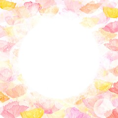 カラフルなポピーの花々で丸く囲んだフレーム。春らしい色合いの水彩イラスト。