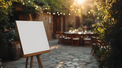 Blank canvas on an easel in a sunlit rustic courtyard with outdoor dining table, surrounded by greenery and string lights Blank Canvas in Rustic Outdoor Garden Setting