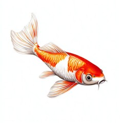 Fototapeta premium A vibrant orange and white koi fish swims gracefully, showcasing its distinct patterns and flowing fins against a clean, white background.