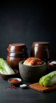 Traditional korean fermentation: kimchi and jangdok with fresh ingredients