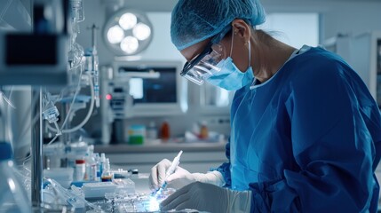 A woman in a blue lab coat is performing a medical procedure