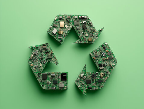 Recycle Logo isolated on light green background. Logo made out of digital waste, motherboard, chips, sensors, diode and electrical components