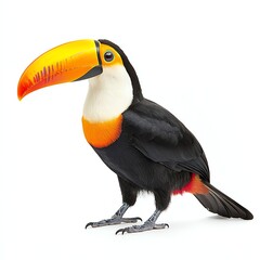 Fototapeta premium A colorful toucan with a large beak, showcasing vibrant black and orange plumage, stands elegantly against a white background.