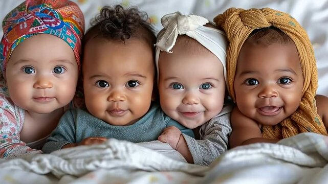 Four adorable babies smiling together on a cozy blanket in a warm and inviting setting