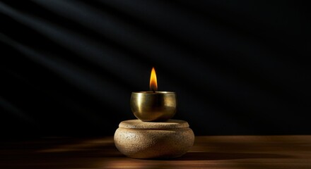 Tranquil candle light in brass holder on stone base against dark background