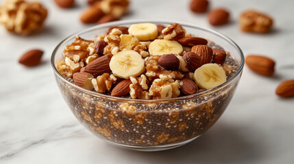 Obraz premium Chia cereal with nuts and banana in clear bowl on white background