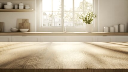 Sunlit Wooden Tabletop In Bright Kitchen Setting