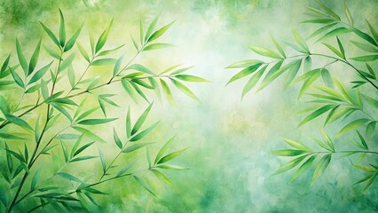 Fototapeta premium Serene Watercolor Painting of Lush Green Bamboo Leaves on a Soft, Textured Background