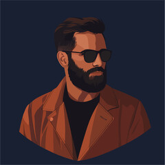 Stylish Bearded Man in Sunglasses and Brown Jacket. Vector Illustration. Minimalist Illustration Vector.