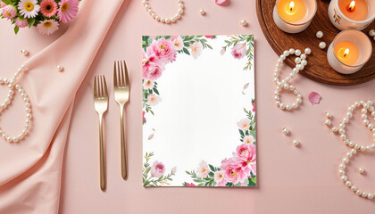 Elegant menu card with floral design on pink table setting