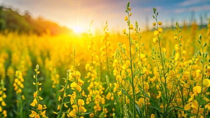 Obraz premium Golden Hour in a Sunlit Meadow of Vibrant Yellow Flowers