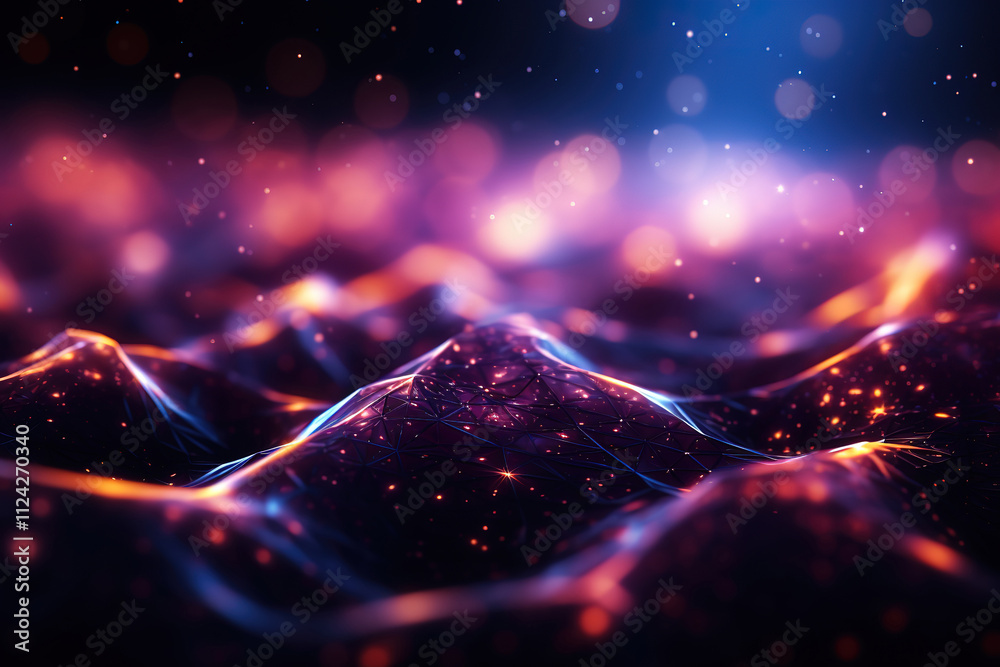 Sticker abstract sci-fi background of glowing particles forming a grid, depth of field, and bokeh