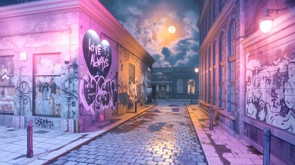 Industrial Urban Night
A gritty urban scene with graffiti-covered walls, cobblestone streets, and a glowing moon illuminating the scene.