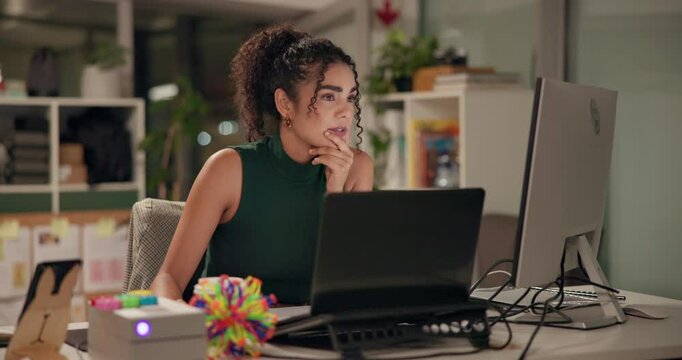 Night, business and woman with computer, thinking and deadline with journalist. Person, laptop and employee with tech, research for article and feedback for project, ideas and planning with choice