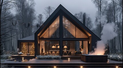 A modern countryside cottage with sleek black cladding, featuring panoramic glazing with angular shapes and large triangular windows. The house is adorned with glowing string lights.