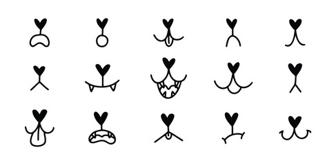 Hand drawn doodle pet mouth. dog or cat face with tongue hanging out set template. Dog tongue outline lick mouth and nose. Happy pet face with open mouth. 