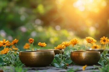 Meditation class featuring singing bowls and green floral backdrop