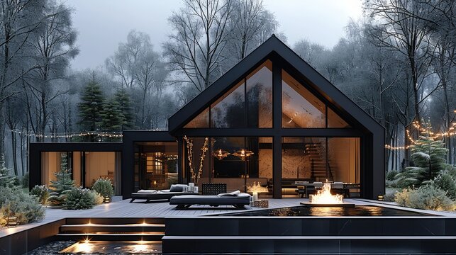 A modern countryside cottage with sleek black cladding, featuring panoramic glazing with angular shapes and large triangular windows. The house is adorned with glowing string lights.