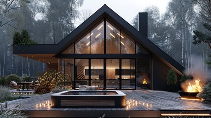 A modern countryside cottage with sleek black cladding, featuring panoramic glazing with angular shapes and large triangular windows. The house is adorned with glowing string lights.