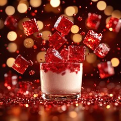 Bouncy jelly cubes falling over creamy panna cotta festive background food joyful atmosphere close-up focus dessert delight