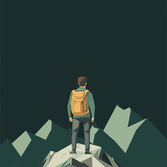 Hiker Contemplates Breathtaking Mountain View. A Journey's End. Vector Illustration. Minimalist Illustration Vector.