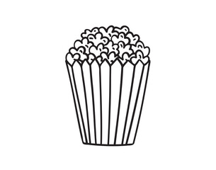 cinema popcorn doodle hand drawn icon. Outline drawing a bucket of popcorn line clipart symbol