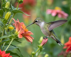 Fototapeta premium A juvenile Rubythroated humming bird feeding on a flower