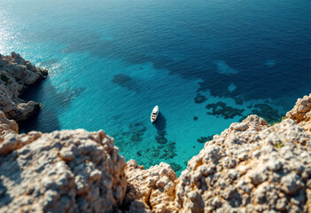 Fototapeta premium A scenic view of a rocky cliff overlooking a turquoise blue lagoon with a small boat in the water