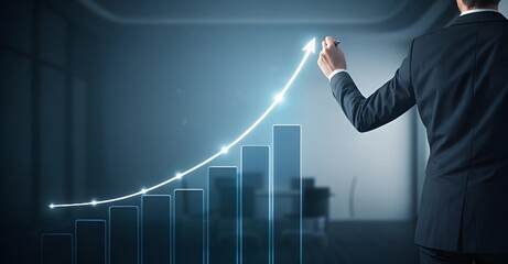 Man in a suit is drawing a graph with a line that is pointing upwards. The graph is showing a positive trend, which could represent a successful business or project