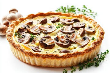Mushroom quiche on white background