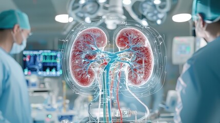 holographic kidney projection with detailed anatomical labels assisting surgeons during a transplant