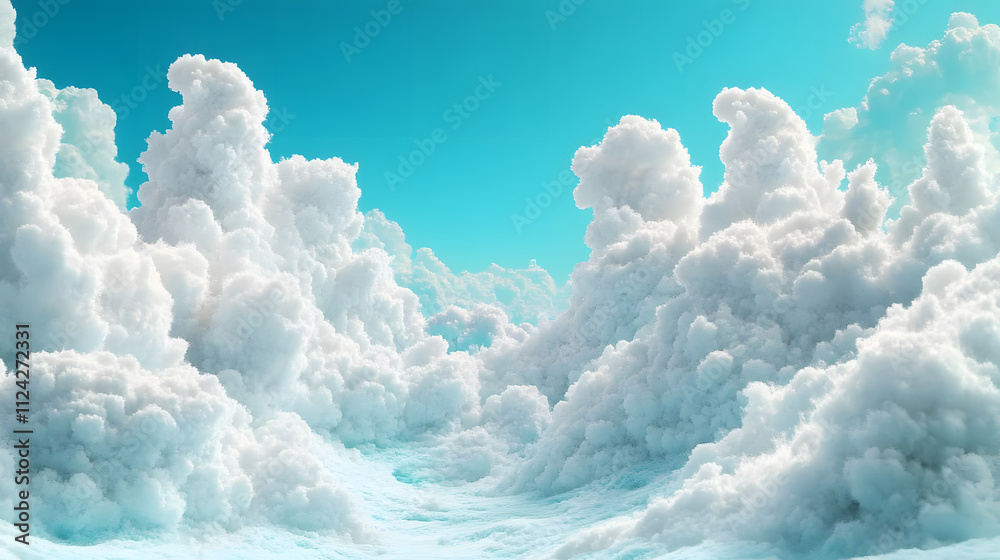 Poster a serene sky filled with fluffy white clouds against a bright turquoise backdrop, creating a dreamy 
