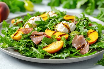 Delicious grilled peach and arugula salad with prosciutto outdoor picnic fresh ingredients summer vibes gourmet delight