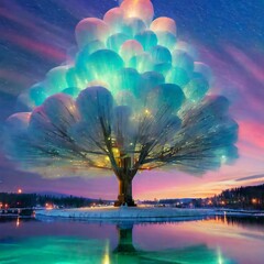 빛나는 저녁 하늘, 거대한 나무 주변 알록달록 데코레이션 고요한 풍경 일러스트 