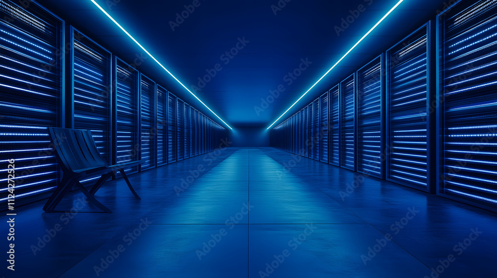 Poster a dimly lit server room featuring rows of servers illuminated by blue led lights, creating a futuris