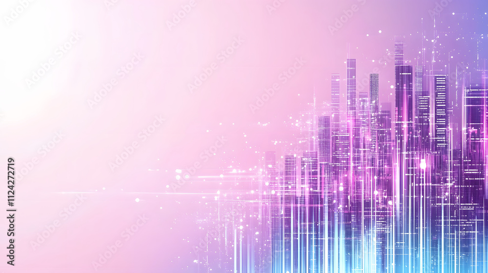 Aufkleber A vibrant digital skyline with colorful vertical lines representing data and technology against a soft gradient background