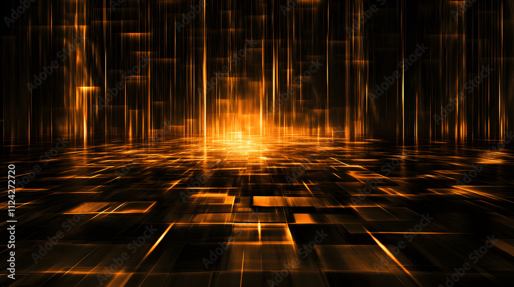 Poster A dynamic digital scene featuring glowing lines and blocks, creating a futuristic, abstract landscape with a warm golden hue