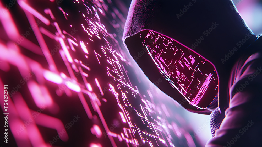 Poster a hooded figure interacts with a glowing, digital interface, surrounded by vibrant, pink circuitry, 