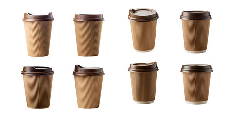Variety of Disposable Coffee Cups on White Background, set collection, mega bundle, isolated on transparent background