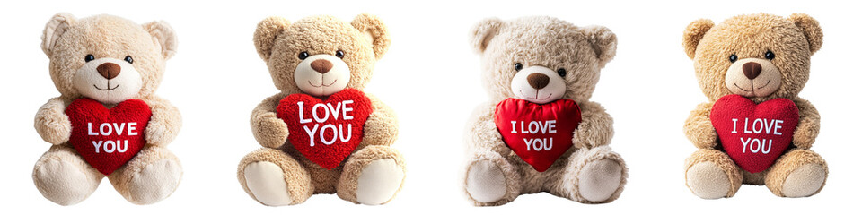 Set of A Cute brown teddy bear holding a red heart with the text i love you  isolated ,PNG format Background