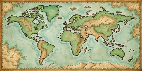 Antique World Map Illustration A Hand-Drawn Vintage Style Cartographic Design Featuring Continents and Oceans