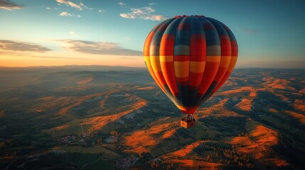 Obraz premium A colorful hot air balloon soaring over a scenic landscape at sunset.