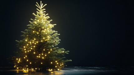 A single Christmas tree decorated with minimalist white lights on a black background.
