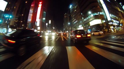 Fototapeta premium Cars drive down a street in a city at night.
