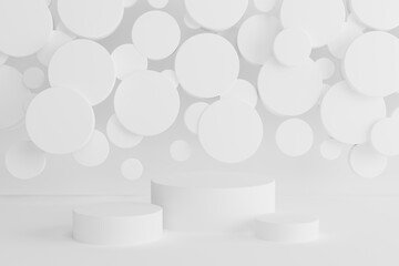 White abstract stage - set of three round podiums, mockup, flying circles decor. Template 3D illustration modern airy scene for presentation cosmetic products, branding, goods, advertising, sale.