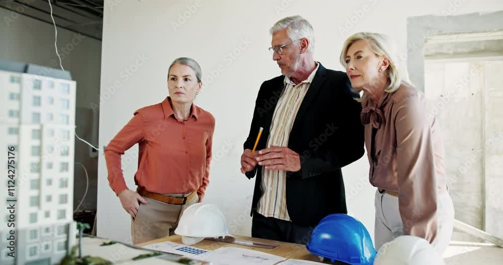 Aufkleber blueprint, building model and meeting with collaboration, architect team and planning for builder jo