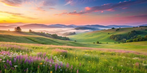 Serene sunrise over rolling hills and vibrant wildflowers in a picturesque meadow © Kukar Studio