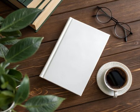 Top down view flat lay with white soft cover book mockup coffee mug glasses and blurred plant in the foreground - Powered by Adobe