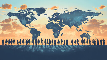 Silhouetted figures of people walking in front of a large world map, symbolizing global unity, travel, migration, teamwork, and international connections under a scenic sky