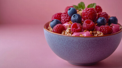 Healthy breakfast bowl with flaxseeds and berries on pastel background